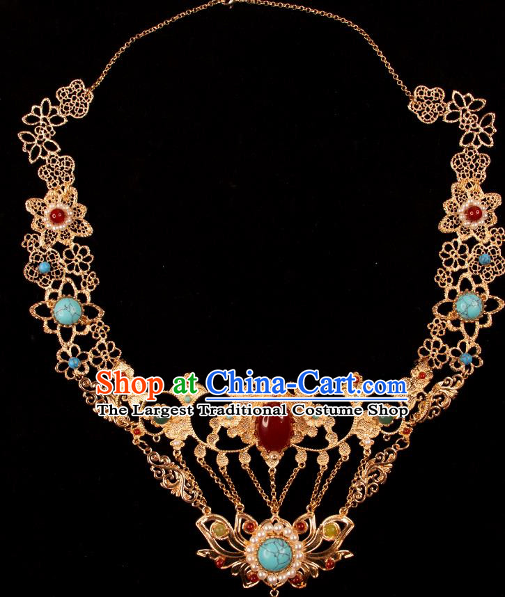 China Tang Dynasty Princess Necklace Handmade Hanfu Ear Jewelry Ancient Dunhuang Fairy Golden Necklet