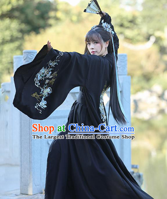 China Han Dynasty Young Lady Clothing Traditional Hanfu Black Dress Ancient Swordswoman Costumes