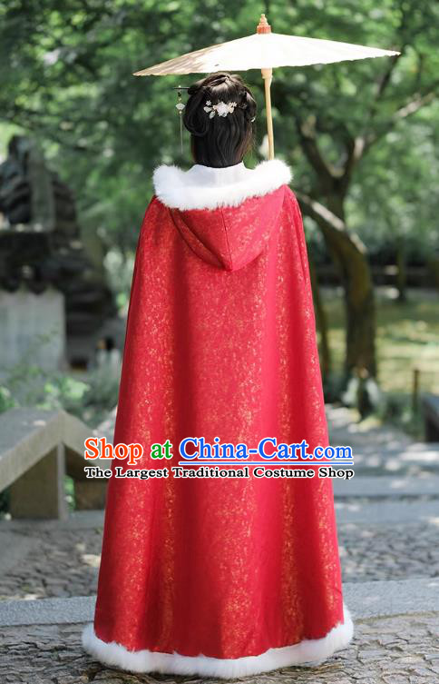 China Traditional Hanfu Red Cloak Ancient Princess Winter Costume Ming Dynasty Young Woman Mantle Clothing