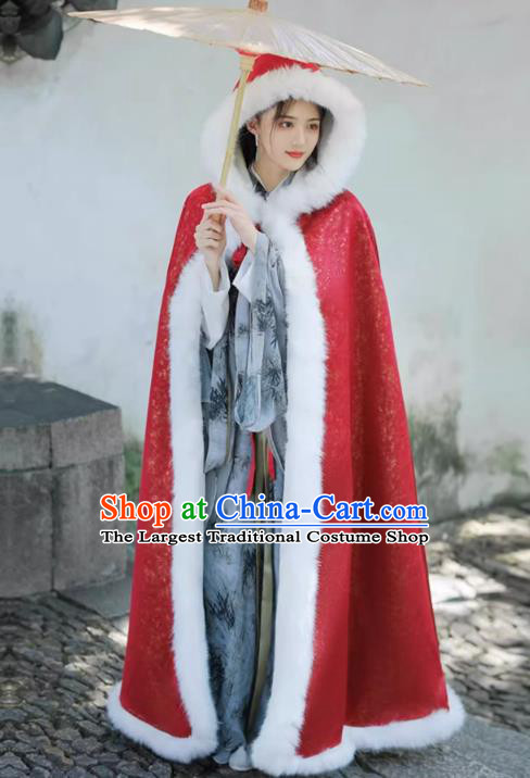 China Traditional Hanfu Red Cloak Ancient Princess Winter Costume Ming Dynasty Young Woman Mantle Clothing