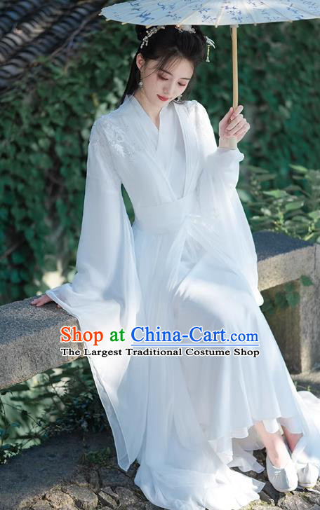 China Jin Dynasty Woman Costumes Traditional Hanfu White Dress Ancient Xianxia Swordsman Clothing