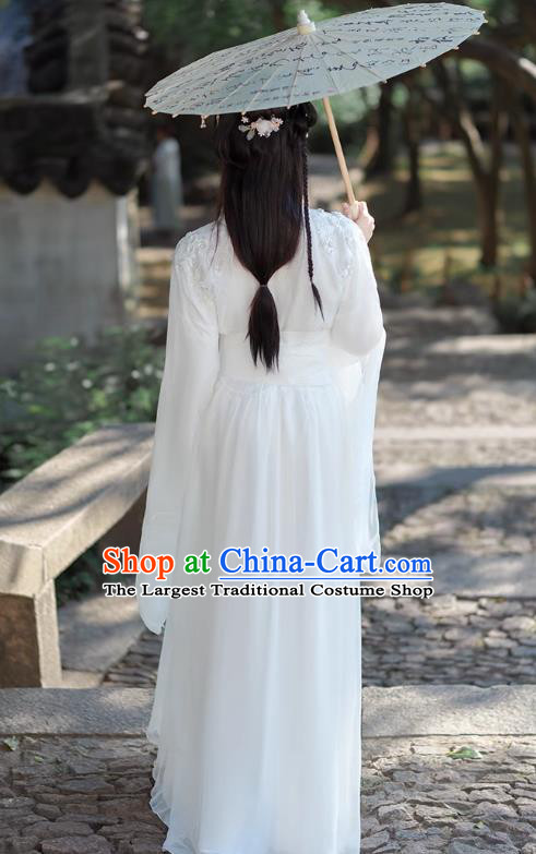 China Jin Dynasty Woman Costumes Traditional Hanfu White Dress Ancient Xianxia Swordsman Clothing