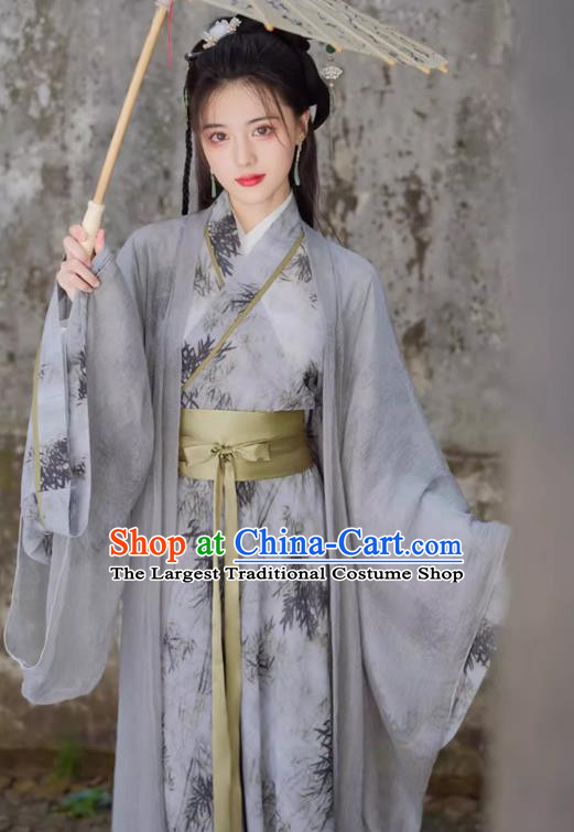 China Ancient Female Swordsman Clothing Jin Dynasty Young Woman Costumes Traditional Hanfu Grey Dresses