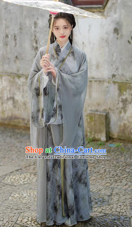 China Ancient Female Swordsman Clothing Jin Dynasty Young Woman Costumes Traditional Hanfu Grey Dresses