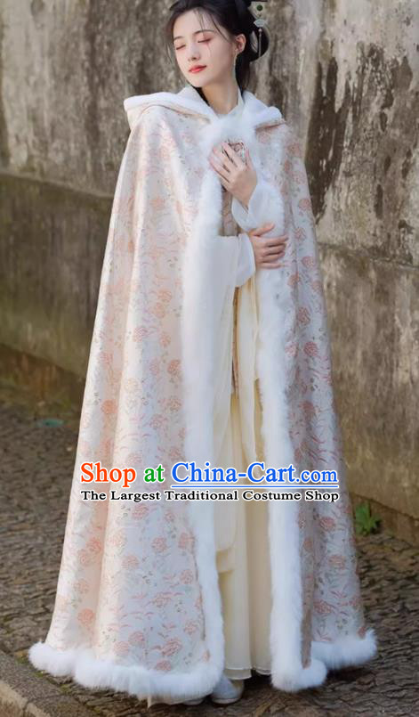 China Ming Dynasty Long Cloak Traditional Hanfu Winter Costume Ancient Princess Mantle Clothing