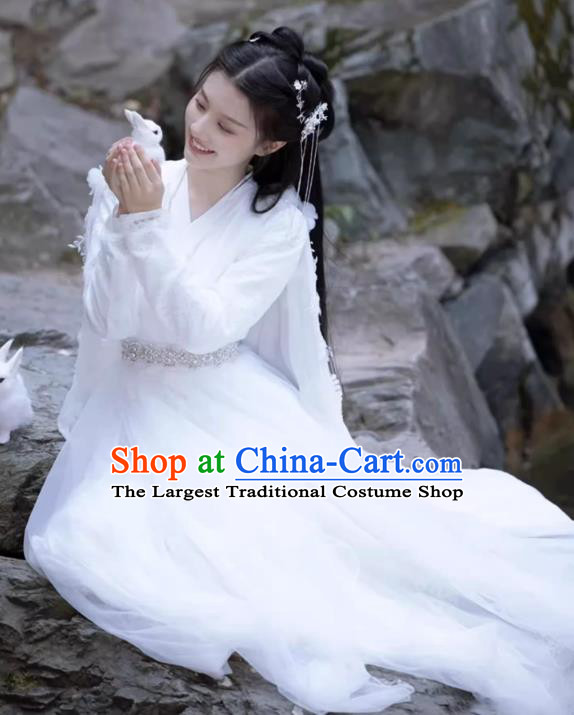 China Traditional Hanfu White Fairy Dress Ancient Goddess Clothing TV Series Swordswoman Costume