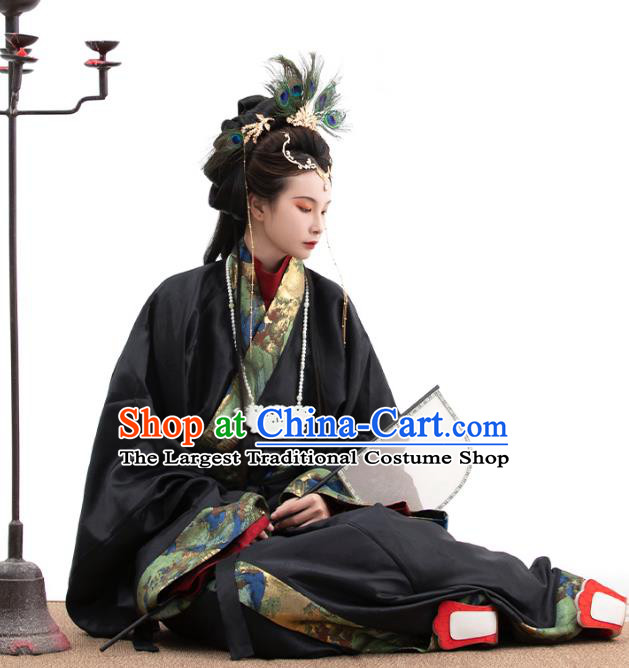 China the Warring States Time Woman Costume Traditional Hanfu Black Straight Front Robe Ancient Empress Clothing