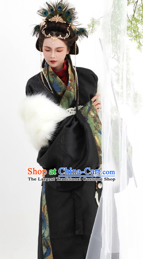 China the Warring States Time Woman Costume Traditional Hanfu Black Straight Front Robe Ancient Empress Clothing