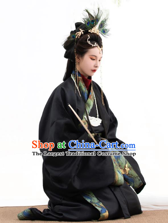 China the Warring States Time Woman Costume Traditional Hanfu Black Straight Front Robe Ancient Empress Clothing