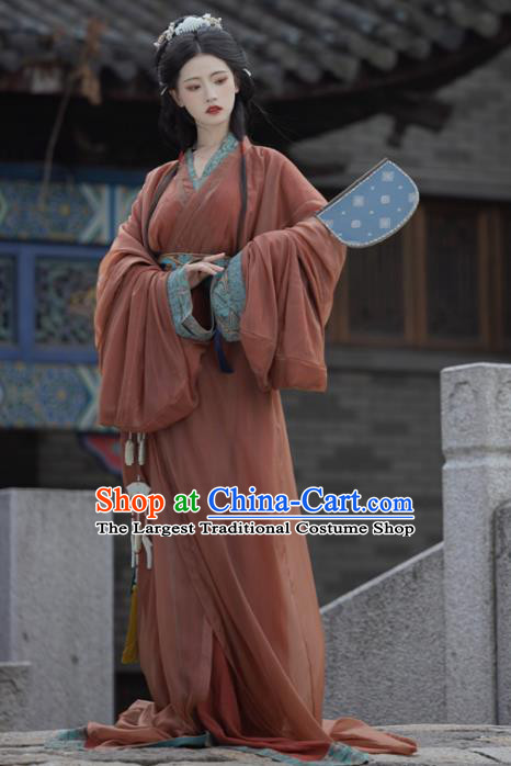 China Warring States Period Young Lady Costumes Traditional Hanfu Red Straight Front Robe Ancient Royal Princess Clothing