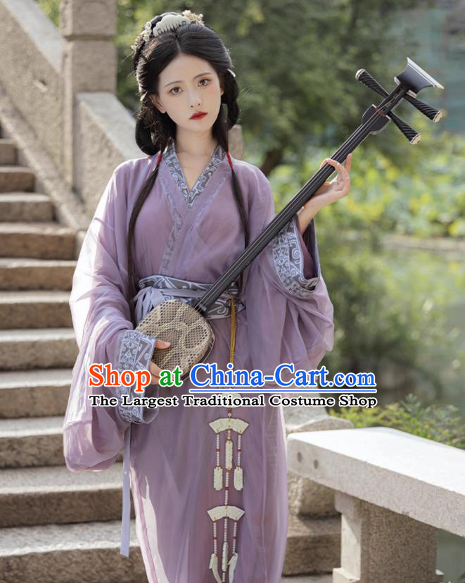 China Ancient Royal Princess Clothing the Warring States Time Young Woman Costumes Traditional Hanfu Purple Straight Front Robe