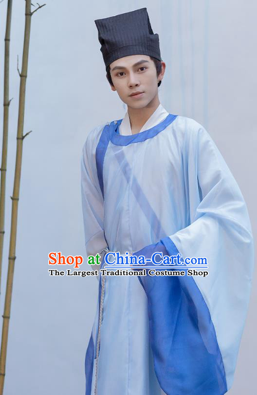 China Ming Dynasty Scholar Costumes Traditional Hanfu Blue Robe Ancient Young Man Bachelor Clothing