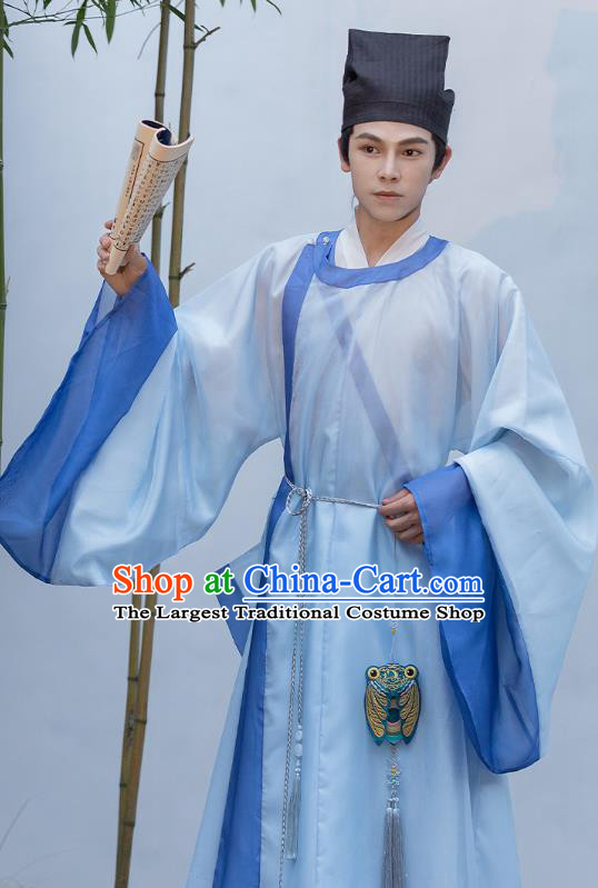 China Ming Dynasty Scholar Costumes Traditional Hanfu Blue Robe Ancient Young Man Bachelor Clothing