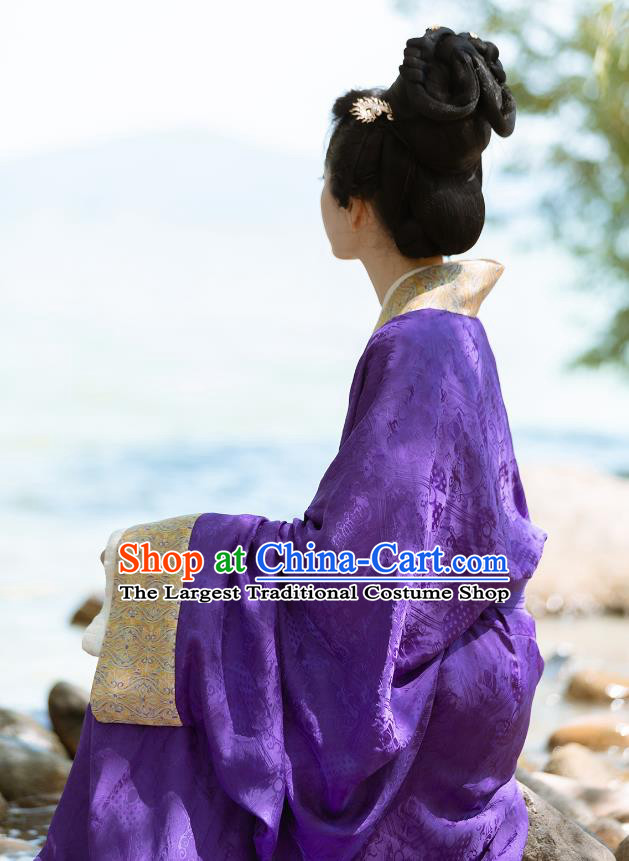 China Jin Dynasty Court Princess Costumes Traditional Hanfu Purple Straight Front Robe Ancient Palace Woman Clothing