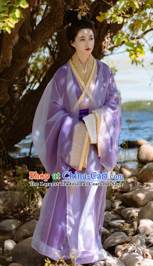 China Jin Dynasty Court Princess Costumes Traditional Hanfu Purple Straight Front Robe Ancient Palace Woman Clothing
