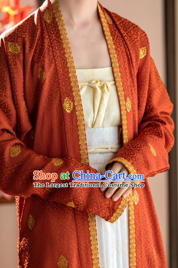 China Southern Song Dynasty Empress Costumes Ancient Noble Woman Clothing Traditional Hanfu Red Beizi Top and White Skirt Set