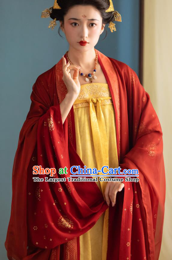 China Traditional Hanfu Red Wide Sleeve Cape and Yellow Dress Late Tang Dynasty Empress Costumes Ancient Noble Woman Clothing