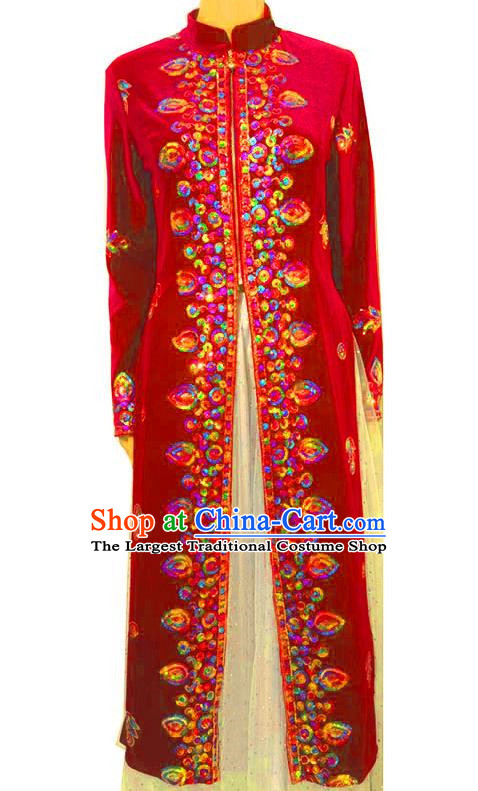 Red Chinese Xinjiang Dance Costumes Gold Velvet Embroidered Sequins Long Vest