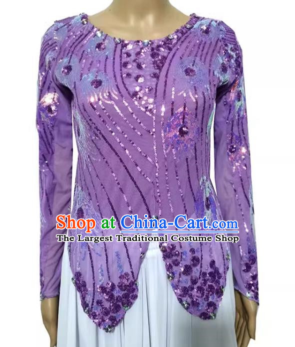 Purple Chinese Xinjiang Dance Dress Mini Sharp Horn Vest Double Layer T-shirt with Sequin Phoenix Tail High Elastic Shining Four Seasons
