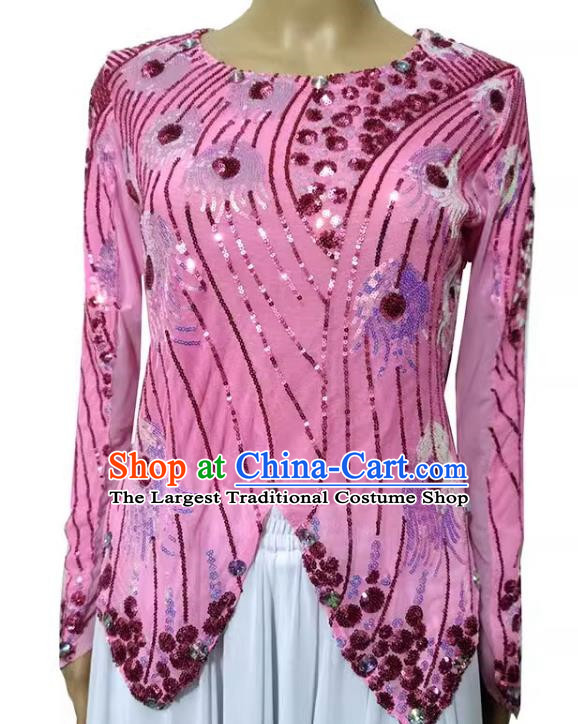 Pink Chinese Xinjiang dance costume mini pointed vest double-layered t-shirt sequined phoenix tail high elastic shiny four seasons
