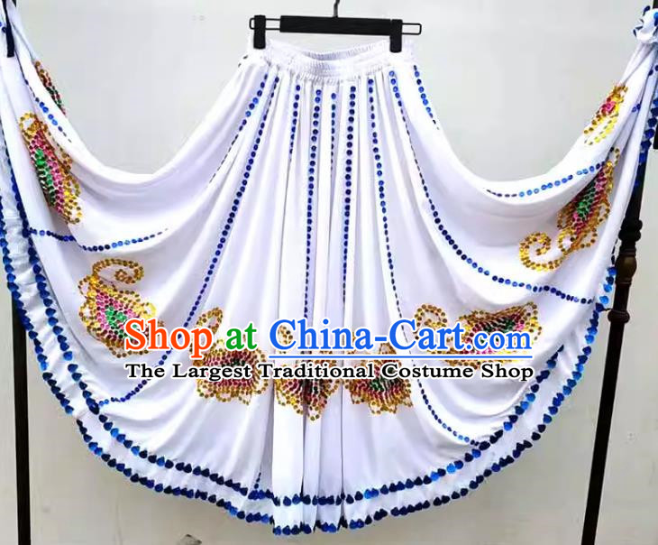 White Chinese Xinjiang Dance Uyghur Maixilipu Stage Square Dance Ethnic Characteristics Pure Handmade Sequin Large Swing Skirt