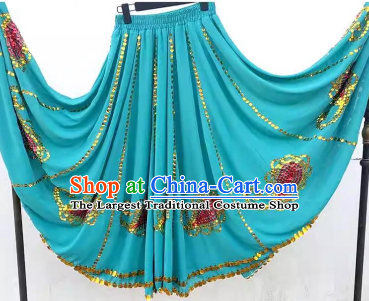 Light blue Chinese Xinjiang dance Uyghur Maixi Laipu stage square dance ethnic characteristics pure handmade sequined skirt with large swing