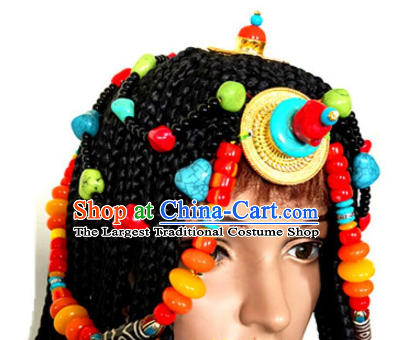 Top China Zang Nationality Folk Dance Headwear Wedding Woman Headpiece Handmade Tibetan Hair Jewelry