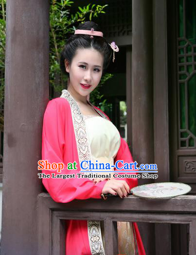 China Song Dynasty Woman Costumes Ancient Young Mistress Clothing Traditional Hanfu Rosy Beizi and Pants Complete Set