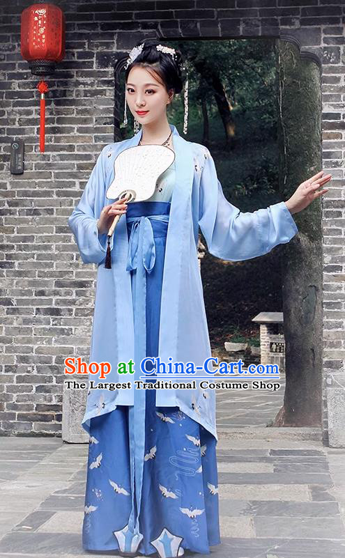 China Ancient Young Mistress Clothing Traditional Hanfu Blue Beizi and Skirt Song Dynasty Woman Costumes