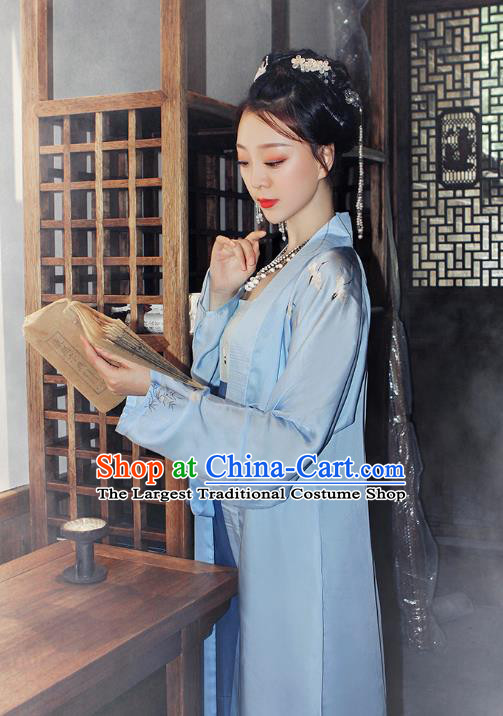 China Ancient Young Mistress Clothing Traditional Hanfu Blue Beizi and Skirt Song Dynasty Woman Costumes