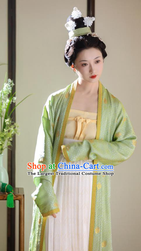 China Southern Song Dynasty Woman Costumes Traditional Hanfu Green Beizi and White Skirt Ancient Noble Female Clothing