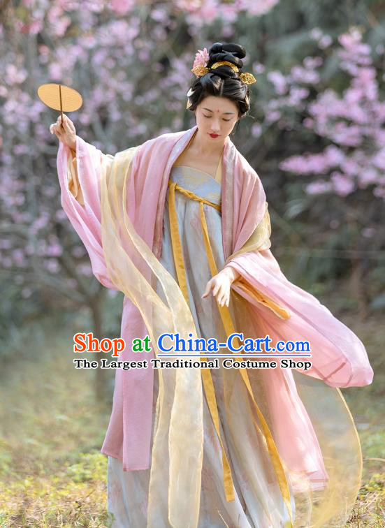 China Late Tang Dynasty Royal Empress Costumes Traditional Hanfu Pink Cape and Blue Dress Ancient Court Woman Clothing