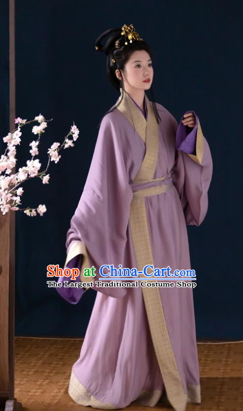 China Ancient Court Princess Clothing Eastern Han Dynasty Royal Empress Costume Traditional Hanfu Lilac Straight Front Robe