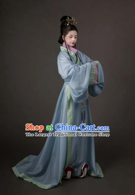 China Traditional Hanfu Blue Dress Eastern Han Dynasty Young Woman Xiao Qiao Clothing Ancient Imperial Consort Replica Costumes