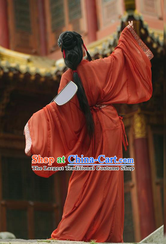 Chinese the Warring States Period Young Woman Red Dress Ancient Court Queen Straight Front Robe Clothing