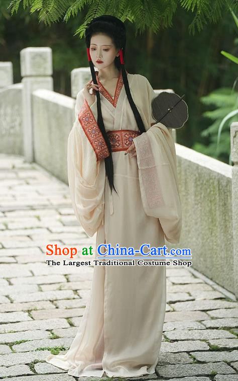 Chinese Warring States Period Woman Clothing Traditional Hanfu Straight Front Robe Ancient Empress White Dress
