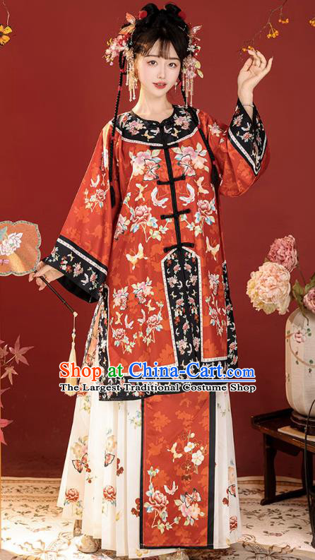Chinese Ancient Noble Lady Costumes Qing Dynasty Princess Clothing Traditional Embroidered Red Blouse and White Skirt Complete Set