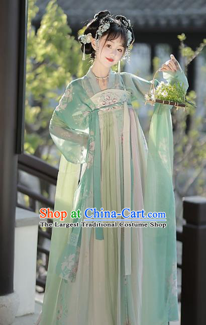 Chinese Traditional Embroidered Green Hezi Dress Ancient Young Lady Costume Tang Dynasty Princess Clothing