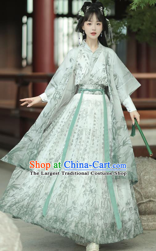 Chinese Ancient Swordsman Costumes Ming Dynasty Young Lady Clothing Traditional Ink Calligraphy Green Hanfu Dress