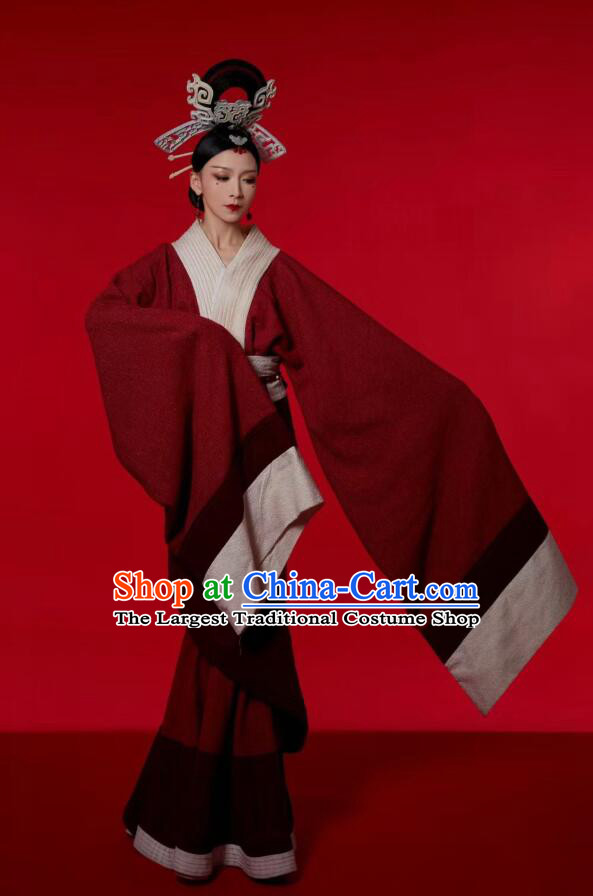 Chinese Classical Dance Red Dress Qin Dynasty Curving Front Robe Ancient Beauty Dance Costumes and Headpieces Complete Set