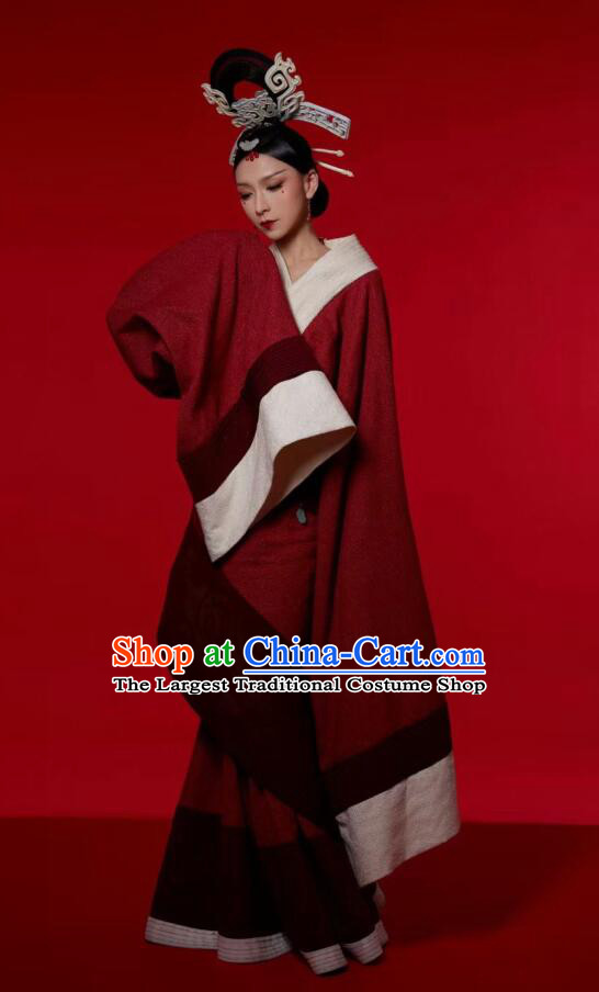 Chinese Classical Dance Red Dress Qin Dynasty Curving Front Robe Ancient Beauty Dance Costumes and Headpieces Complete Set
