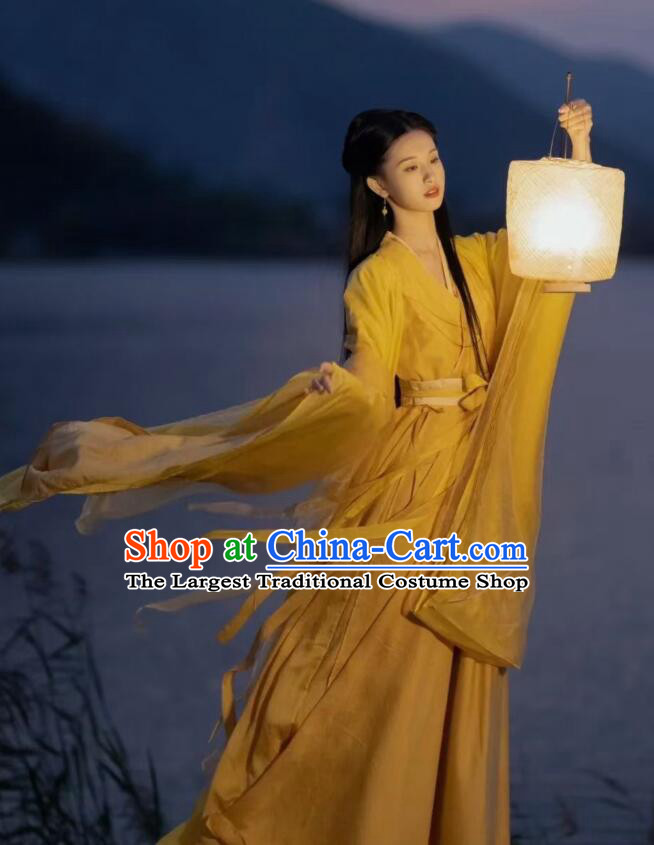 Chinese Ancient Fairy Princess Costumes Swordswoman Yellow Hanfu Dress Jin Dynasty Young Lady Garments