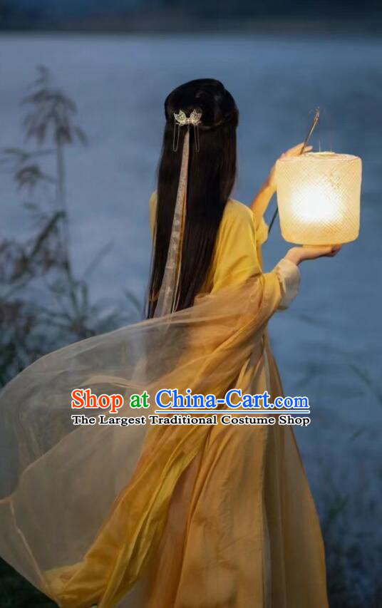 Chinese Ancient Fairy Princess Costumes Swordswoman Yellow Hanfu Dress Jin Dynasty Young Lady Garments