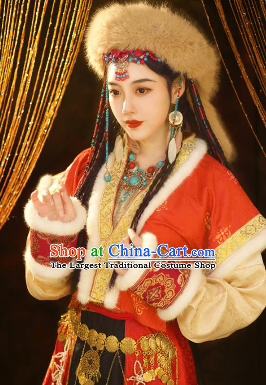 Chinese Traditional Winter Red Dresses Tang Dynasty Young Lady Garment Costumes Ancient Ethnic Princess Clothing