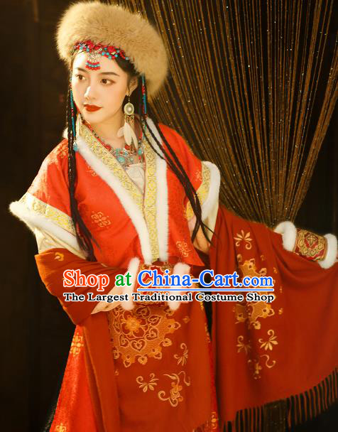 Chinese Traditional Winter Red Dresses Tang Dynasty Young Lady Garment Costumes Ancient Ethnic Princess Clothing