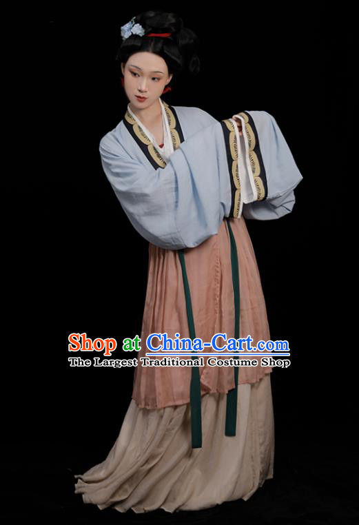 Chinese Traditional Hanfu Clothing Song Dynasty Young Woman Light Blue Dress Ancient Noble Beauty Costumes