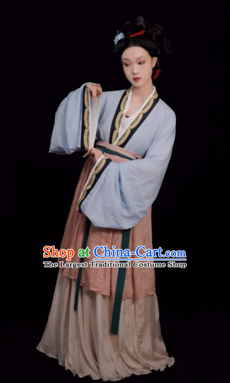 Chinese Traditional Hanfu Clothing Song Dynasty Young Woman Light Blue Dress Ancient Noble Beauty Costumes