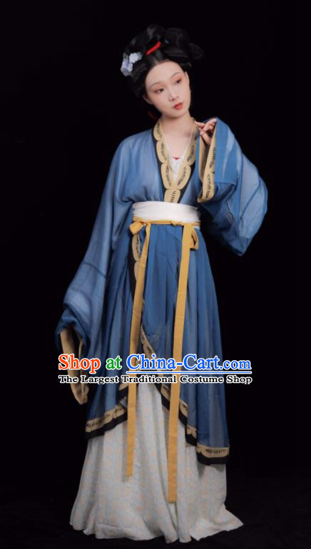 Chinese Song Dynasty Noble Woman Clothing Ancient Young Mistress Blue Dresses Traditional Hanfu Garment Costumes