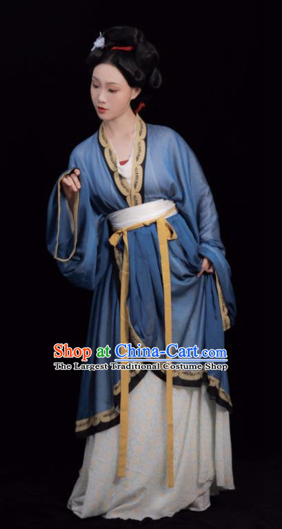 Chinese Song Dynasty Noble Woman Clothing Ancient Young Mistress Blue Dresses Traditional Hanfu Garment Costumes