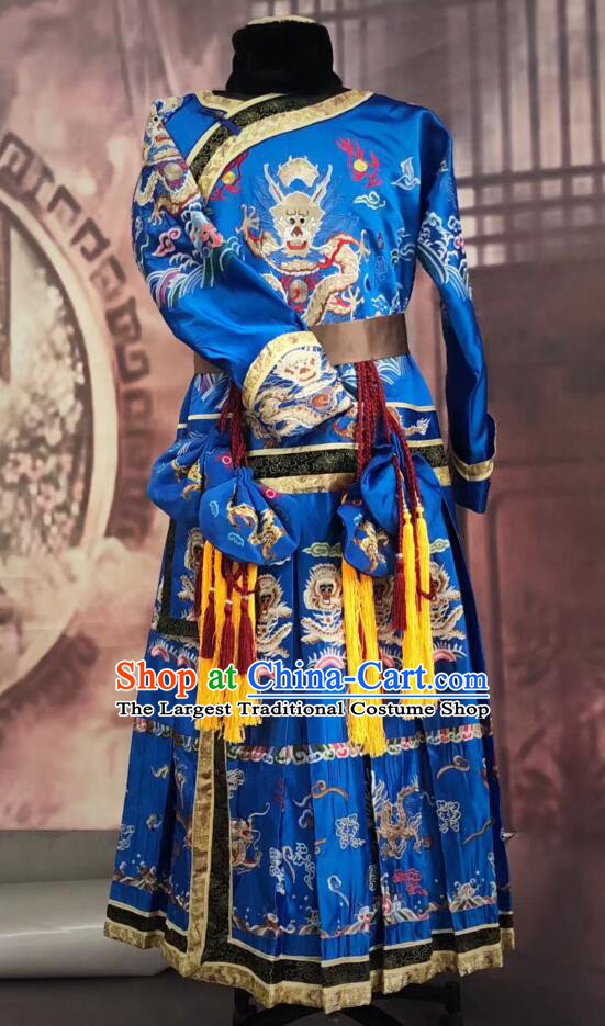 Top Handmade Qing Dynasty Emperor Royal Blue Robe Chinese Ancient Imperial Emperor Monarch Costumes